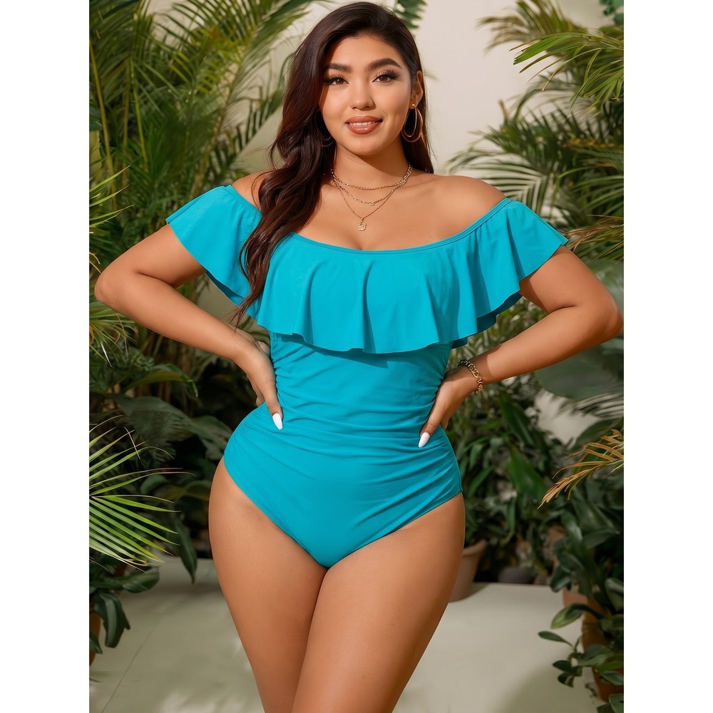 La Blanca Island Goddess Turquoise Ruffle Off Shoulder One Piece Swimsuit 8 NEW